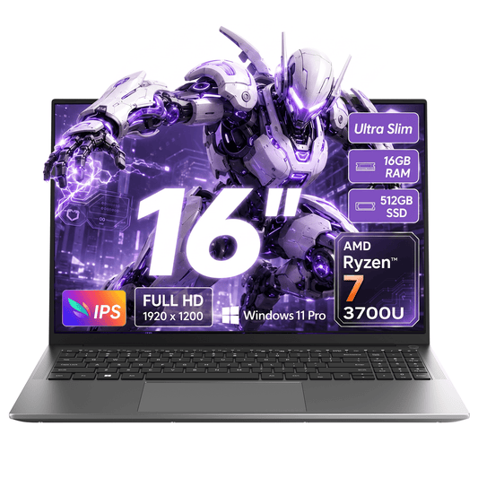 Blackview 16" Windows 11 Pro Laptop, AMD Ryzen 3700U, 16GB DDR4 RAM, 512GB SSD, Radeon RX Vega 10 Graphics, WiFi Bluetooth, Fingerprint Unlock, HDMI 4K, Type‑C, for Home and Business