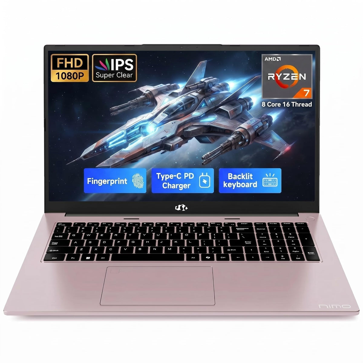 NIMO 17.3" Gaming Laptop, AMD Ryzen 7 7735HS (8C/16T, Up to 4.75GHz), 32GB DDR5 RAM, 1TB PCIe 4.0 SSD, 100W PD Fast Charging, FHD Display, Backlit KB, Fingerprint, SD Card Reader, Windows 11