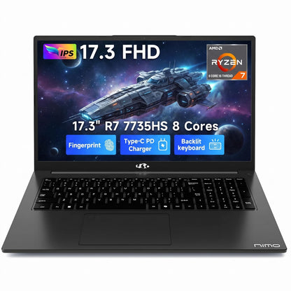 NIMO 17.3" Gaming Laptop, AMD Ryzen 7 7735HS (8C/16T, Up to 4.75GHz), 16GB DDR5 RAM, 512GB PCIe 4.0 SSD, 100W PD Fast Charging, FHD Display, Backlit KB, Fingerprint, SD Card Reader, Windows 11