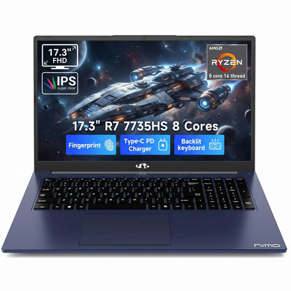 NIMO 17.3" Gaming Laptop, AMD Ryzen 7 7735HS (8C/16T, Up to 4.75GHz), 32GB DDR5 RAM, 1TB PCIe 4.0 SSD, 100W PD Fast Charging, FHD Display, Backlit KB, Fingerprint, SD Card Reader, Windows 11