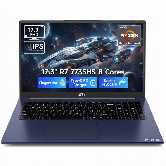 NIMO 17.3" Gaming Laptop, AMD Ryzen 7 7735HS (8C/16T, Up to 4.75GHz), 32GB DDR5 RAM, 1TB PCIe 4.0 SSD, 100W PD Fast Charging, FHD Display, Backlit KB, Fingerprint, SD Card Reader, Windows 11