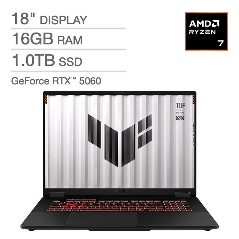 ASUS TUF 18" Gaming Laptop, AMD Ryzen 7 260, 16GB RAM, 1TB SSD, NVIDIA GeForce RTX 5060 8GB, FHD+ 144Hz Display, Windows 11 Home, Gray, FA808UM-IS74