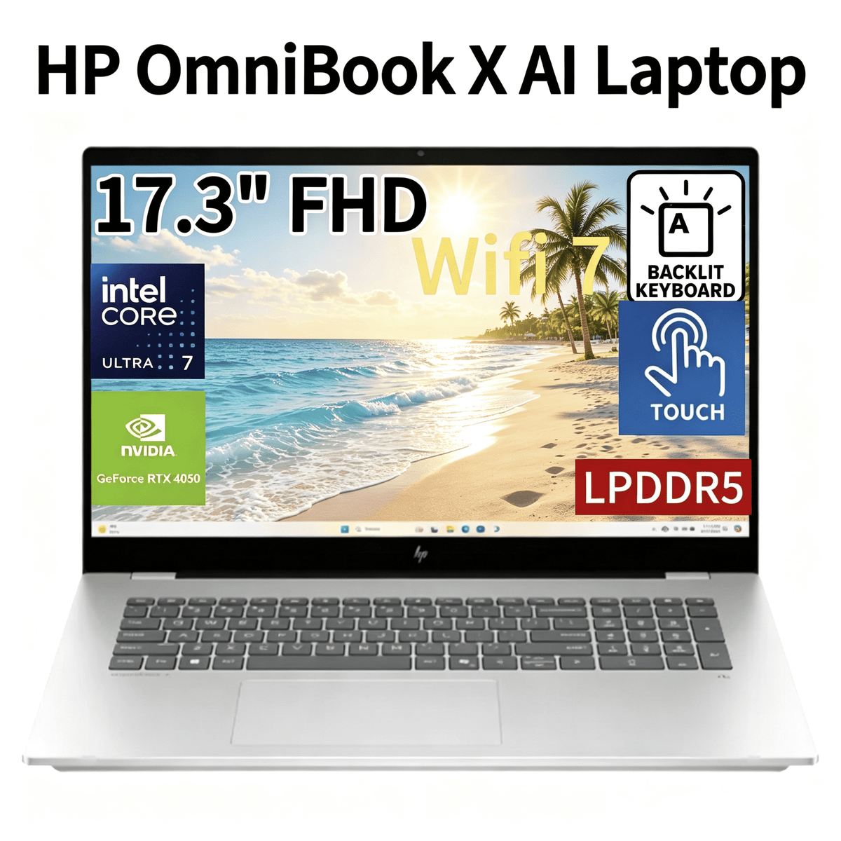 HP OmniBook X 17.3-Inch Gaming & Creator Laptop, NVIDIA GeForce RTX 4050, Intel Core Ultra 7 256V, 16GB LPDDR5X, 1TB SSD, FHD Touchscreen,Backlit KB, WiFi 7, Windows 11 Pro,Glacier Silver