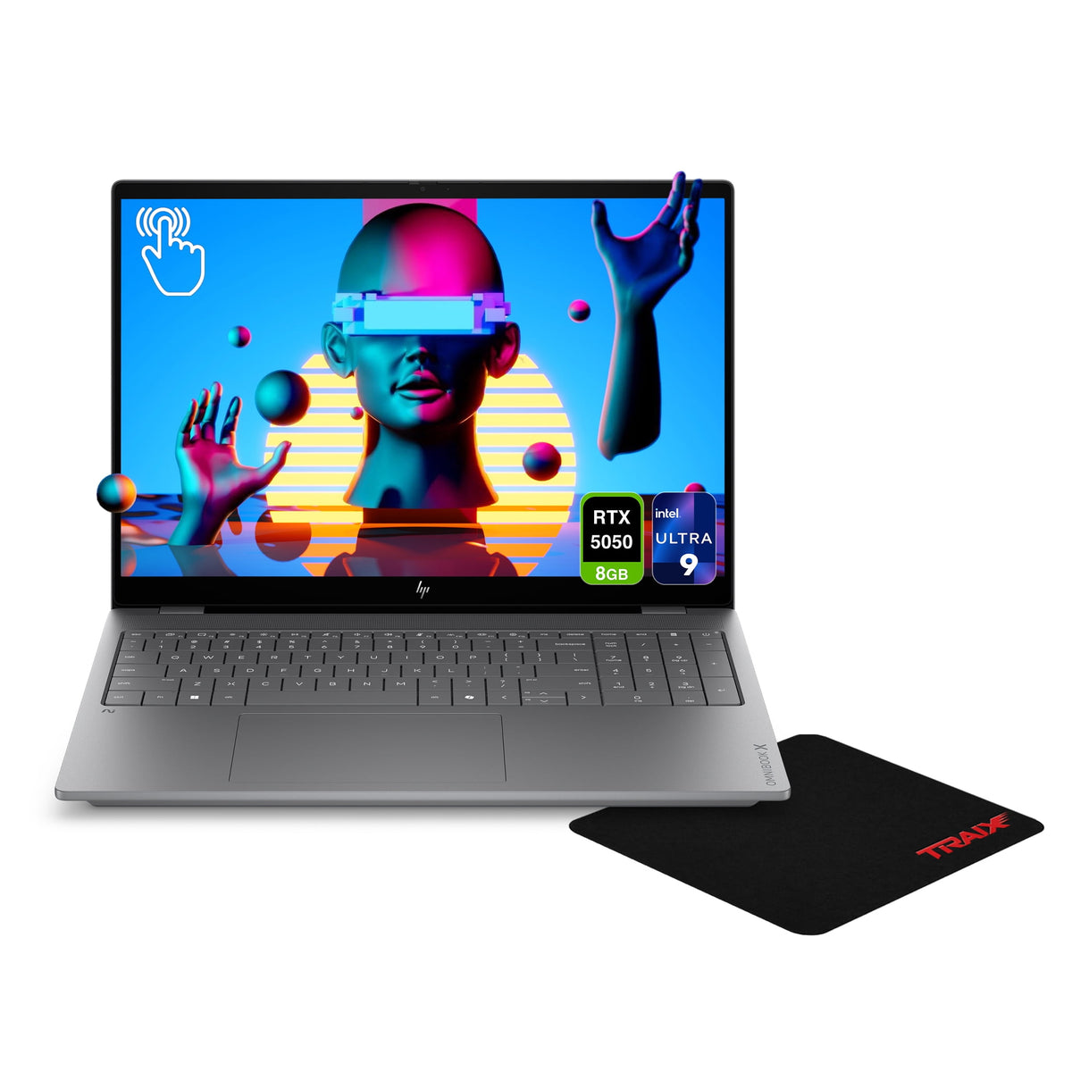 HP OmniBook X Gaming Laptop, Intel Core Ultra 9 - 386H, 32 GB DDR5 RAM, 1 TB PCIe SSD, 16" 2K (2048x1280) 120Hz Touchscreen, NVIDIA G-Force RTX 5050, Backlit Keyboard, W11 Home, Silver+Traix MousePad
