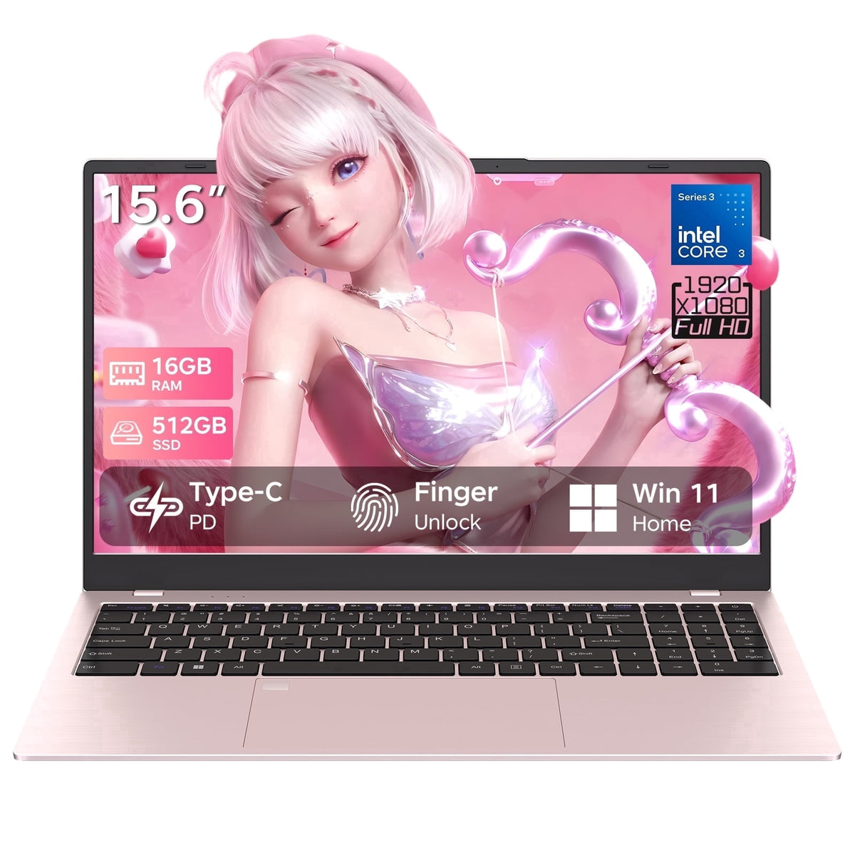 RNRUO 15.6" Pink Laptop, Intel Core 3 Series (Beat i3 N305), 16GB RAM 512GB SSD, Copilot AI Windows 11 Office 2024, Fingerprint Unlock, Xe3 Graphics, Student Work Travel Laptop Computer