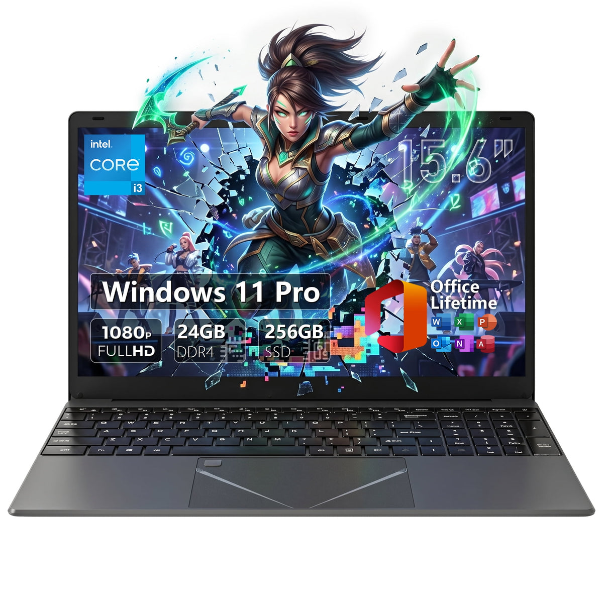Lanbertent 15.6" FHD Laptop, Win 11 Pro Intel Core i3, 24GB RAM, 256GB SSD, Home Students Computer, WiFi5, Bluetooth 5, Backlit Kerboard, Fingerprint