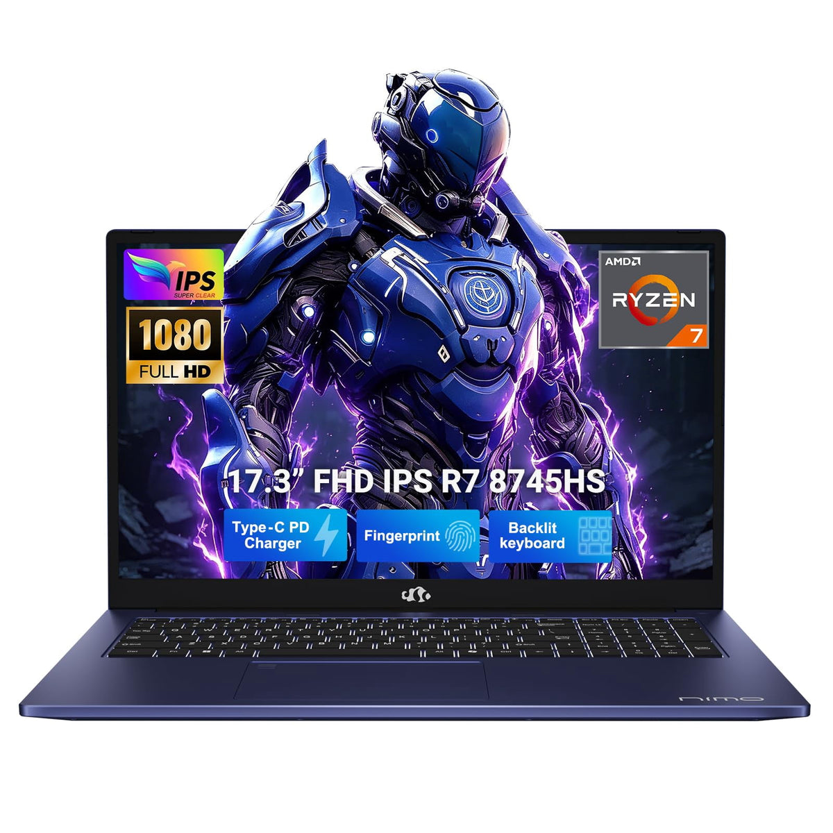 NIMO 17.3" Gaming Laptop, AMD Ryzen 7 8745HS（Up to 4.9GHz）, 16GB DDR5 1TB SSD, Radeon 780M GPU, WiFi 6E, Backlit KB Fingerprint, 100W PD, USB 4, Win 11 FHD IPS Computer for Business Designer Creator