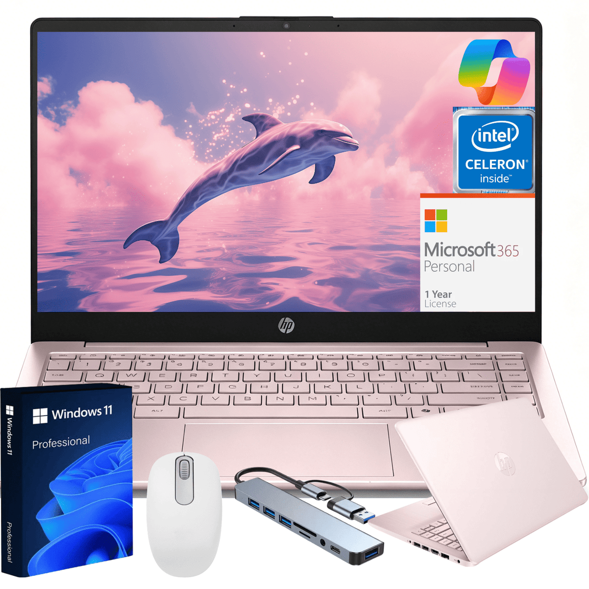 HP 14 inch Windows Laptop Intel Core N150 16GB RAM 128GB SSD Natural Silver Windows 11 Pro,Pink Gift Bundle