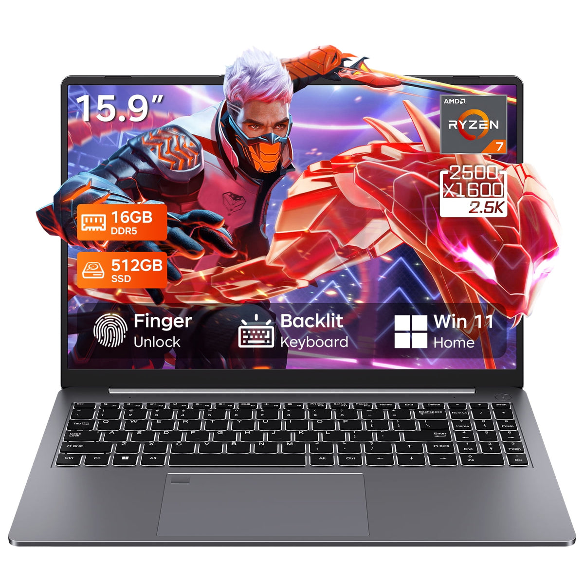 RNRUO 15.9" Gaming Laptop, 16GB DDR5 RAM 512GB SSD, AMD Ryzen 7 7735HS, 8 Cores up to 4.75GHz, 2560x1600 Display Fingerprint Backlit KB, WiFi6 BT5.3, Windows 11 Computer for Gaming, Business, Study