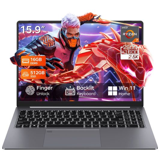 RNRUO 15.9" Gaming Laptop, 16GB DDR5 RAM 512GB SSD, AMD Ryzen 7 7735HS, 8 Cores up to 4.75GHz, 2560x1600 Display Fingerprint Backlit KB, WiFi6 BT5.3, Windows 11 Computer for Gaming, Business, Study