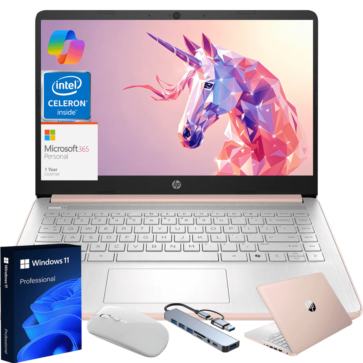 HP 14 inch Windows Laptop Intel Core N4500 8GB RAM 64GB SSD Natural Silver Windows 11 Pro,Rose Gold Gift Bundle