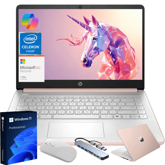 HP 14 inch Windows Laptop Intel Core N4500 8GB RAM 64GB SSD Natural Silver Windows 11 Pro,Rose Gold Gift Bundle