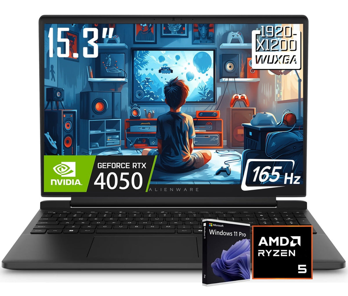 Dell Alienware 15 Gaming Laptop, 15.3" 1920 x 1200 FHD+ 165Hz LED Display, AMD Ryzen 5 220, NVIDIA RTX 4050, Backlit KB, WiFi 6, Win11 Pro(16GB DDR5 - 512GB SSD)