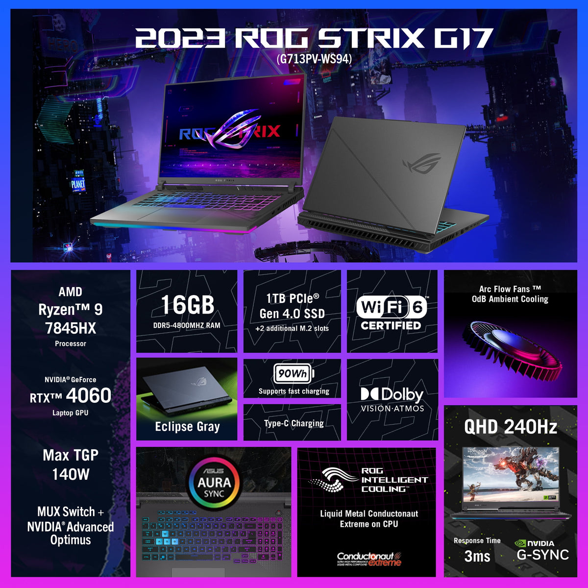 ASUS ROG Strix G17 (2023) 17.3” QHD 240Hz Gaming Laptop, AMD Ryzen 9-7845HX, NVIDIA GeForce RTX 4060, 16GB DDR5 RAM, 1TB SSD, Windows 11, G713PV-WS94