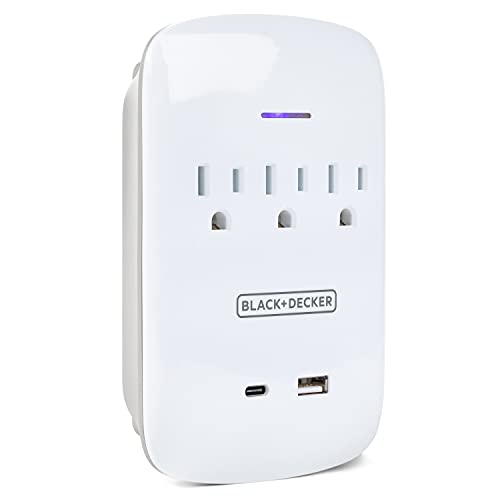 BLACK+DECKER Surge Protector Wall Mount with 3 Grounded Outlets, 2 USB Charging Ports - Power Adapter Tap and USB Wall Charger with USB-C, Indicator Light, Auto Shutdown - 3-Prong Power Outlet Plug