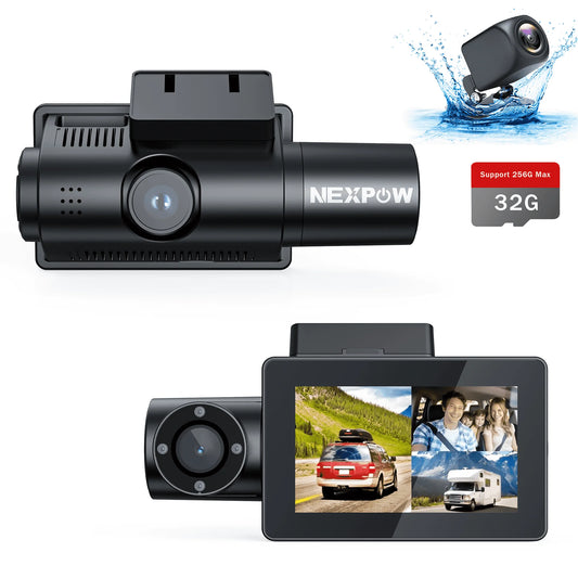 NEXPOW Car Dash Cam 3 Channel, 4K Dash Camera Front and Rear, Dashcam Three Way with 3" LCD Screen, Triple Car Camera with IR Night Vision, Loop Recording, G-Sensor, Parking Monitor