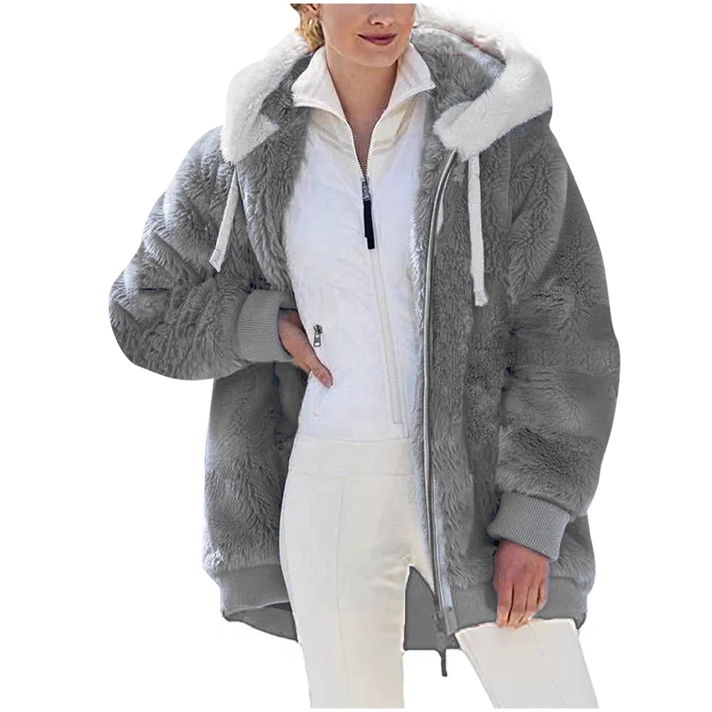 50% Off Clear!Fashion Oversize Winter Coats for Women, Women Plus Size Winter Warm Loose Plush Zip Hooded Jacket Coat Deals Gift for Women