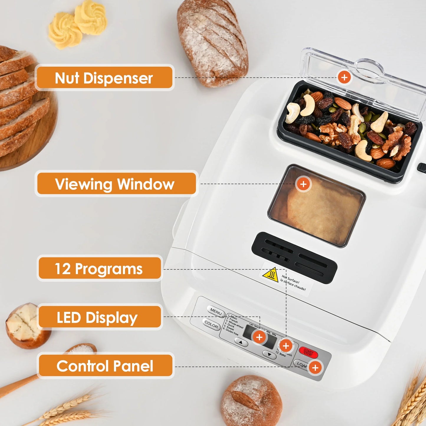 Kitchen in the box 2lb Bread Machine with Auto Fruit Nut Dispenser, 12 Presets Bread Maker Gluten-Free Setting, 13 Hour Delay Timer, White