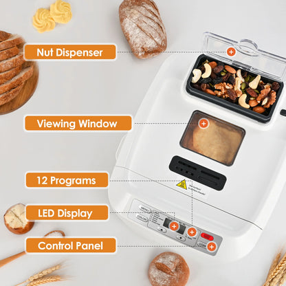 Kitchen in the box 2lb Bread Machine with Auto Fruit Nut Dispenser, 12 Presets Bread Maker Gluten-Free Setting, 13 Hour Delay Timer, White