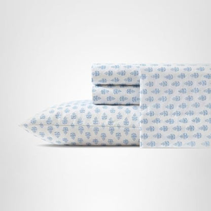 Laura Ashley - King Sheet Set, Crisp & Cool Cotton Percale Bedding with Deep Pockets, Lightweight for Year Round Comfort, Bed Sheets with Matching Pillowcases (Francesca Blue)