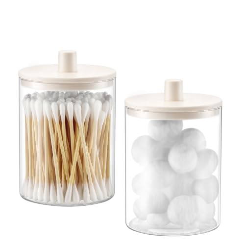 TIPGO Glass Qtip Holder Dispenser - 10 oz Clear Canister Jar, 2 Pack, Cream | Bathroom Vanity Storage Organizer Set for Cotton Swabs, Pads, Floss Picks