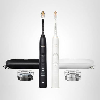Philips Sonicare DiamondClean Connected Electric Toothbrush 2 Pack, x2 Sonic Toothbrushes, x2 Charging Travel Cases, x2 A3 Brush Heads, 12 Brushing Settings, (Black and Rose Gold) Model HX9912/71