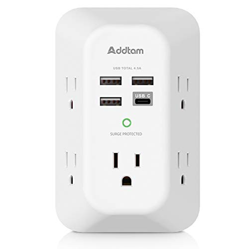Addtam 5-Outlet Extender Surge Protector, Multi Plug Wall Outlet with 4 USB Wall Charger(1 USB C Ports), Outlet Splitter Power Strip for Home Office Dorm Room Essentials, Plug Extension Outlet 1800J