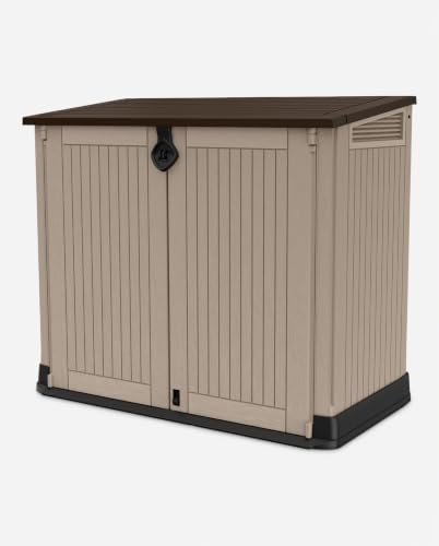 Keter Store-It-Out MIDI Outdoor Resin Storage Shed – Weather-Resistant Horizontal Cabinet for Trash Cans, Garden Tools & Patio Accessories – Lockable, Easy-Lift Lid, 30 Cu. Ft. Capacity, Beige