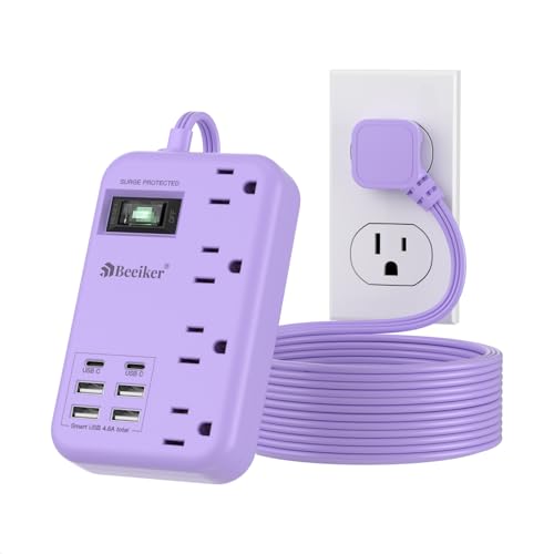 Beeiker 6 USB Purple Surge Protector Power Strip,10 Ft Cute Extension Cord