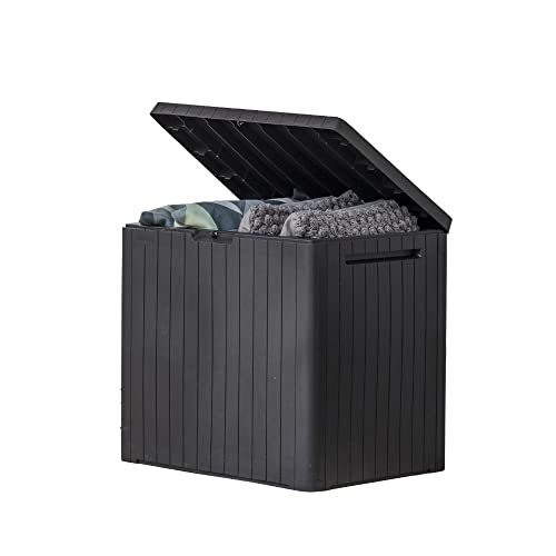 Keter City 30 Gallon Resin Outdoor Storage Box and Patio Storage Box Side Table for Pool and Garden Accessories, Dark Grey