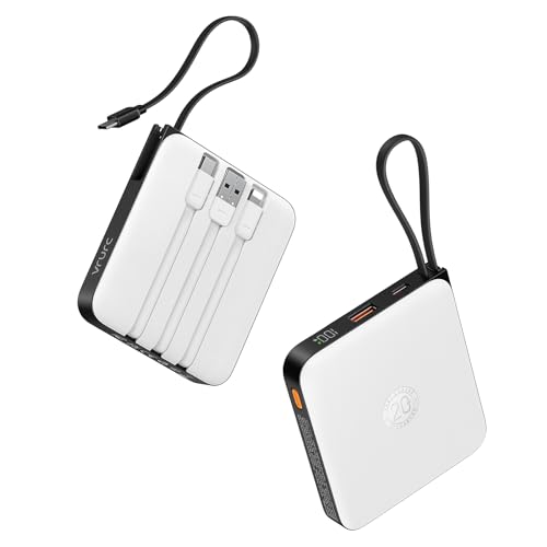 VRURC Battery Pack Charger Portable 10000mAh, 22.5W Power Bank Fast Charging with Built-in Cable, Cell Phone Power Bank for iPhone 17 16 15 & Early Series (White)