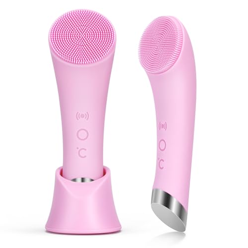 PRITECH Facial Cleansing Brush, Rechargeable Silicone Face Scrubber with Heat Massage End, Vibrating Exfoliator Scrubber for Deep Cleaning, Waterproof Face Brush for Women and Men (Pink)