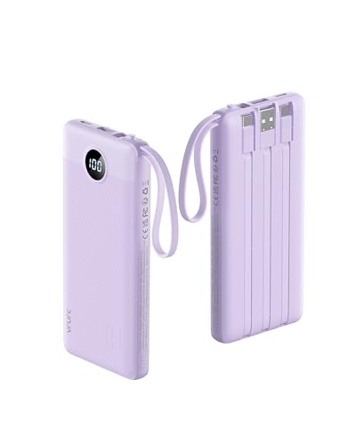 VRURC Portable Charger Power Bank, USB C Battery Pack 10000mAh, Flight-Safe Travel Essentials, 5 Outputs 2 Inputs Slim Phone Charging Bank Built-in Cables for Multi Devices-Lavender(1 Pack)