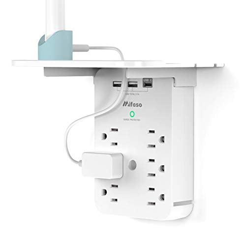 Wall Outlet Extender with Surge Protector, 6 AC Outlets, with Shelf