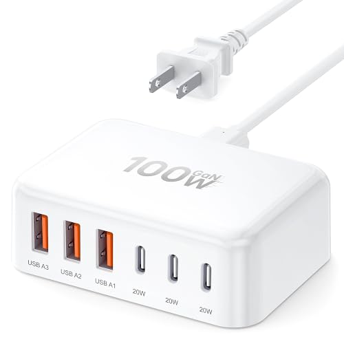 USB Fast Charger Block 50% Smaller 100W Max 6-Port GaN USB Charging Station