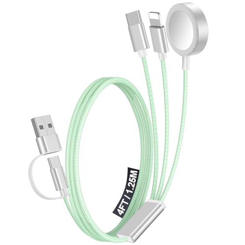1Pack Travel Essentials for Apple Watch Charger,3-in-2 Multi Charging Cable | Cruise Vacation Camping Essentials for iPhone Charger,Type C/Lightning for iWatch,iPhone 17-12,Xbox Series X&S-4FT Green