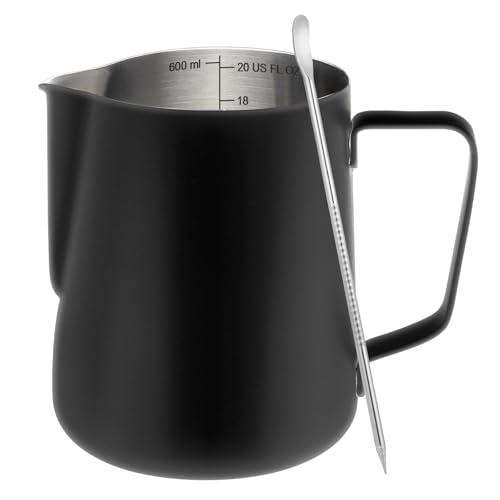 Amrules Milk Frothing Pitcher, 20oz Milk Frother Cup with Clear Scale, 304 Stainless Steel Cappuccino Espresso Machine Accessories for Barista Coffee Bar with Latte Art Pen, Black