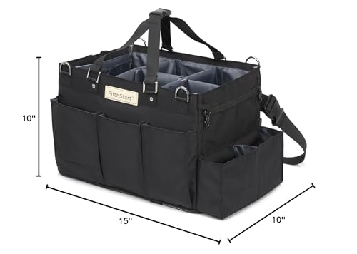 FifthStart Cleaning Supplies Organizer Tote & Caddy - X-Large, Black Nylon - Adjustable Straps for Cleaning Tote - 9 Pockets & Dividers in Organizer Bag - Durable Nylon Construction for Diaper Caddy