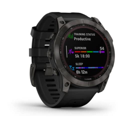 Garmin 010-02541-10 fenix 7X Sapphire,Larger adventure smartwatch, Solar Charging Capabilities, rugged outdoor GPS watch, touchscreen, wellness features, Carbon Gray DLC Titanium with Black Band