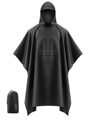 iCreek Hooded Rain Poncho Packable Waterproof Unisex Raincoat with Pocket (Black, Small)