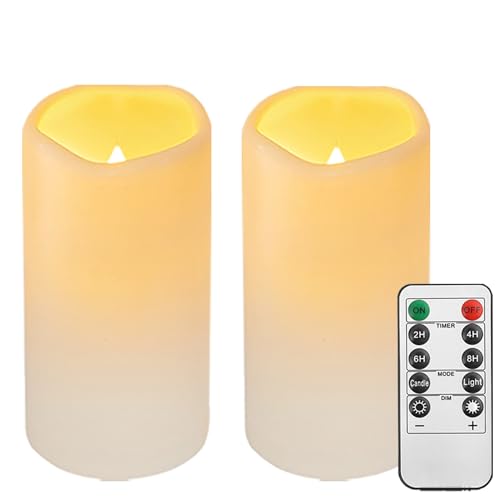 Biyanuo 2PACK Outdoor Plastic flameless Candles with Remote Control and Timer, LED Flickering Battery Operated Electric Pillar Candles (D3 xH5.5) for Camping, Weddings, Home Decoration