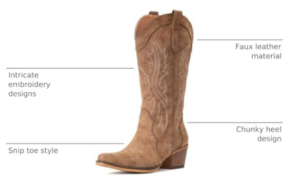 IUV Cowboy Boots For Women Western Cowgirl Boots Mid Calf Snip Toe