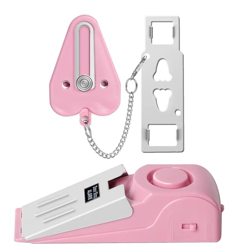 Portable Door Lock & Door Stop Alarm Set, Dual Protection Home Security Door Kit, Travel Hotel Door Lock Devices Pocket Self Defense Tools for Traveling Hotel Home Apartment, Pink