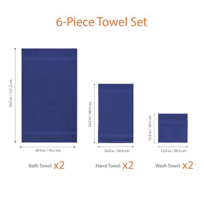 Amazon Basics 6 Piece Oversized Fade resistant Towel set, 100% Cotton towels for bathroom, soft and absorbent, 2 Bath Towels, 2 Hand Towels and 2 Washcloths bathroom towel set, Navy Blue