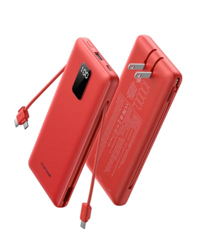 charmast Portable Charger Power Bank 10000mAh with Built-in AC Wall Plug | Built-in Cables,5 Outputs,Flight-Safe,Slim Travel Phone Charger for iPhone 17 14,Samsung Galaxy,iPad,Android,Smartwatch,etc