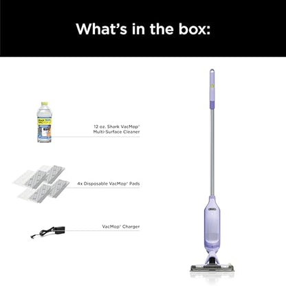 Shark VACMOP Cordless Hard Floor Cleaner, Vacuum and Spray Mop, Powerful Suction, Lightweight, LED Headlights, Includes 4 Disposable Pads, 12oz Multi-surface Cleaning Solution, Lavender, VM252PL