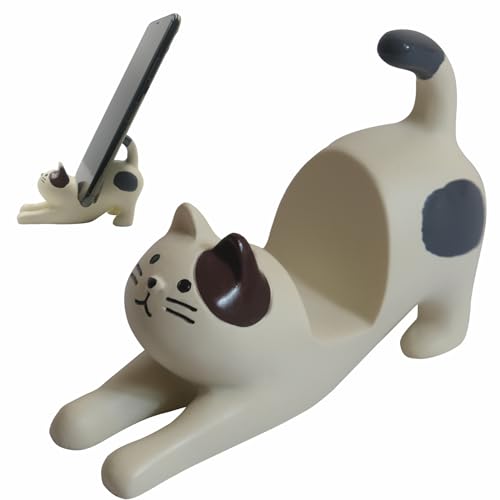 Cute Cell Phone Holder Stand for Desk, iPhone Mount for Office Tablet Accessories Gifts, Cool Desktop Decor Gadgets to Support Your Cellphone for Men Women Boys Girls - Kawaii White Cat
