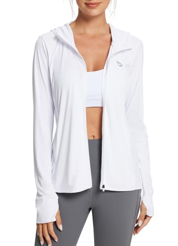 BALEAF Women's UPF 50+ Sun Protection Long Sleeve Zipper Hooded Neck White Shirt 2XL