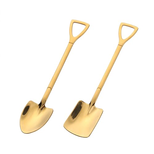 Shovel Spoon Dessert Spoons- 2pcs Ice Cream Spoon Gold Shovel Shape Spoons Mini Long Handle Coffee Afternoon Teaspoon for Home Kitchen Restaurant Party (gold)