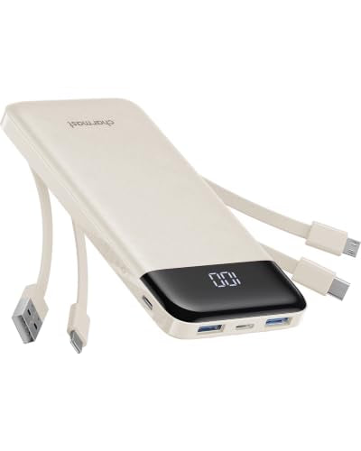 charmast 10000mAh Power Bank Portable Charger with 4 Built-in Cables | Reinforced for Durability,6 Outputs,3A Fast Charge,LED Display,TSA Compliant,Travel Must-Have, for Commuter,College Student